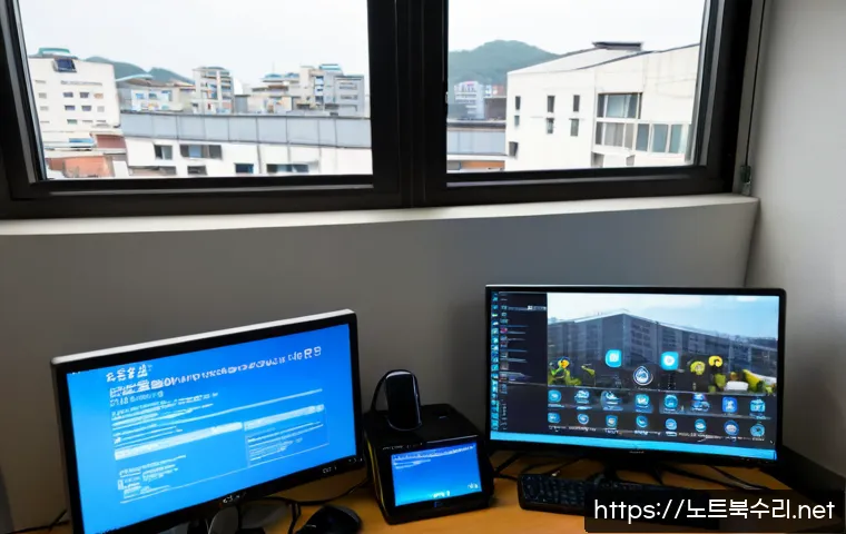 중화동 DRIVER_PORTION_MUST_BE_NONPAGED - Photorealistic IT workstation in a compact Jungnang-gu office, dual monitors showing a clean blue sy...
