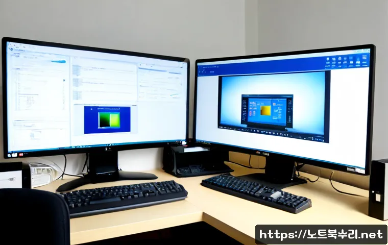 호법면 STATUS_NO_MEMORY - Photorealistic IT support workstation in a quiet rural Korean office near Hobeop-myeon, dual monitor...