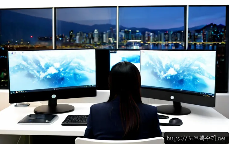 중원구 STATUS_ACCESS_VIOLATION - Photorealistic IT support workstation in a compact Jungwon-gu office, dual monitors showing a frozen...