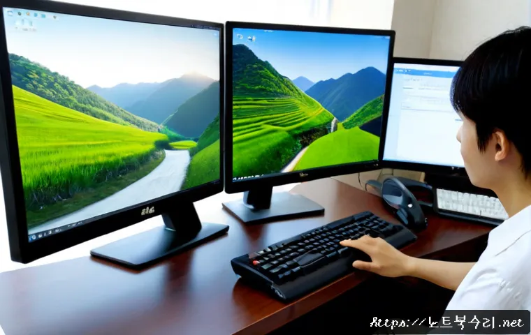 상거동 프리도스 윈도우설치 - Photorealistic remote-support workstation in a quiet South Korean apartment near low green hills, a ...