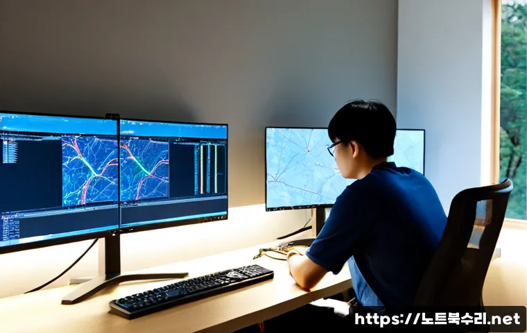 운중동 케이블연결확인 - Photorealistic remote-support workstation in a modern apartment near a quiet wooded hillside, techni...