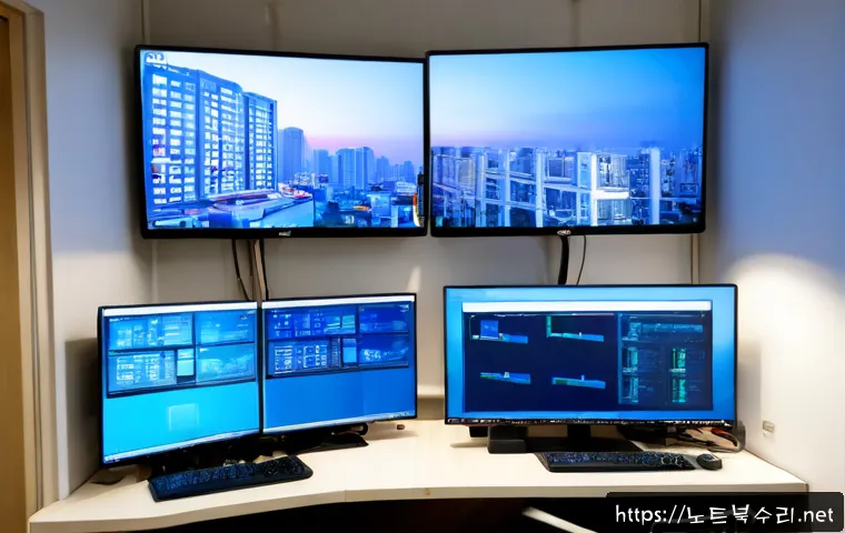 창전동 STATUS_KERNEL_EXECUTION_ERROR - Photorealistic IT support workstation in a compact Changjeon-dong studio office, dual monitors showi...