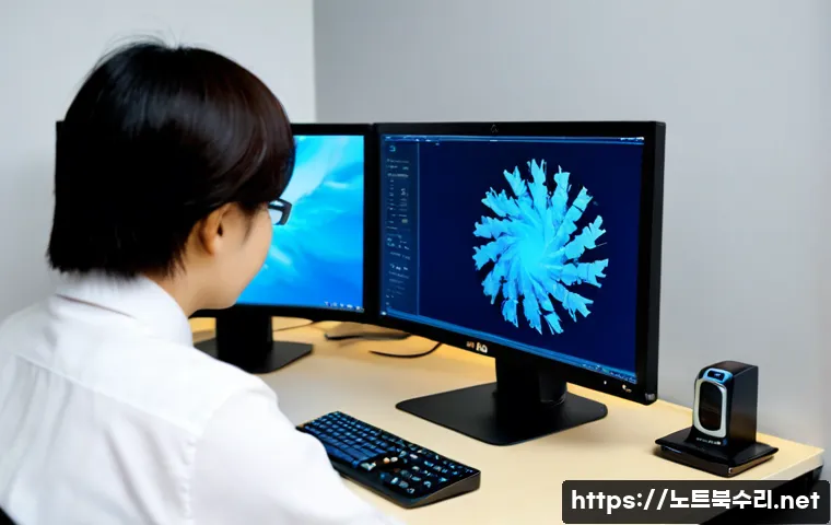 중면 STATUS_KERNEL_THREAD_TIMEOUT - Photorealistic remote IT support workstation, middle-aged office professional studying a dual-monito...