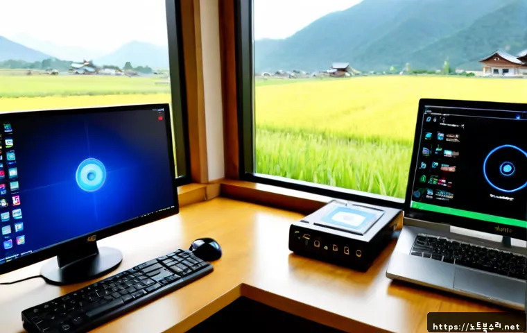 청운면 KERNEL_DATA_INPAGE_ERROR - Photorealistic remote-support workstation in a quiet rural Korean township home office, dual monitor...