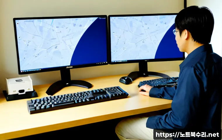 식사동 STATUS_KERNEL_ACCESS_DENIED - Photorealistic IT support workstation in a quiet residential district near Ilsan, dual monitors disp...