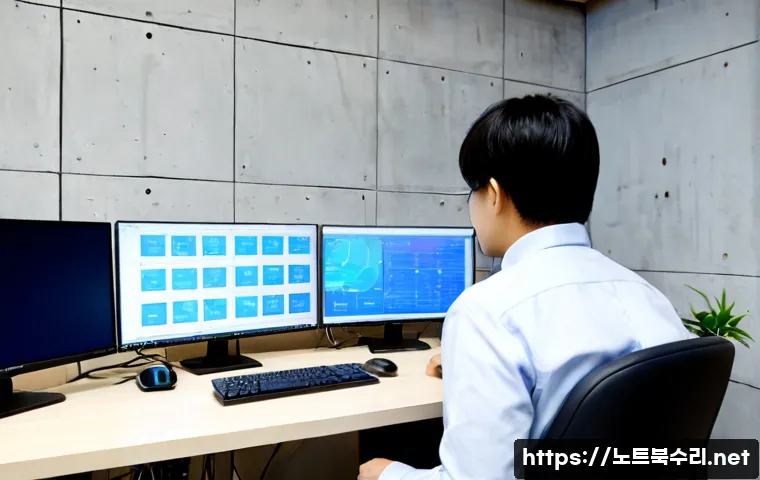 주암동 STATUS_KERNEL_APC_PENDING - Photorealistic IT support workstation in a compact Juaam-dong office, dual monitors showing abstract...