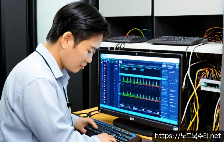연수동 서버출장방문수리점 - Photorealistic server field repair inside a compact Yeonsu-dong office, technician diagnosing a rack...