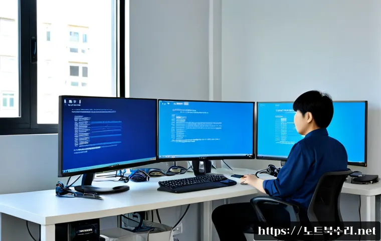 수청동 IRQL_NOT_LESS_OR_EQUAL - Photorealistic IT support workstation in a modern Dongtan office, dual monitors showing a clean abst...