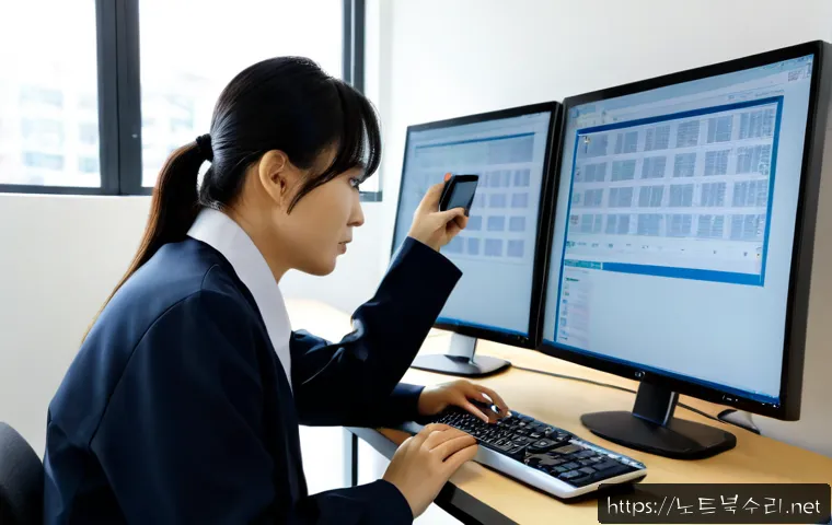 왕곡동 STATUS_DATATYPE_MISALIGNMENT - Photorealistic IT support workstation in a compact Korean office near a residential district, dual m...