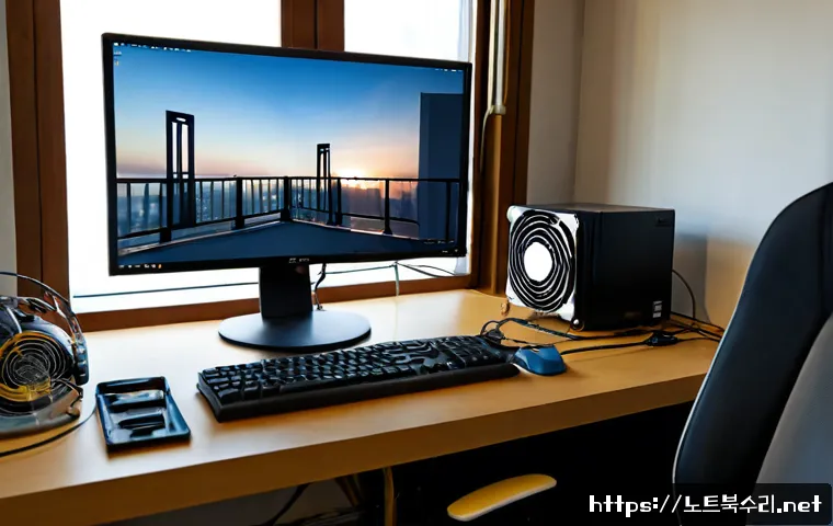 하갈동 팬돌다 멈춤 - Photorealistic desktop support scene in a compact Hagal-dong apartment workspace, transparent-sided ...