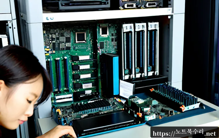 부림동 메모리조립 및 교체수리 - Photorealistic computer repair workstation in a compact neighborhood electronics shop, technician ca...