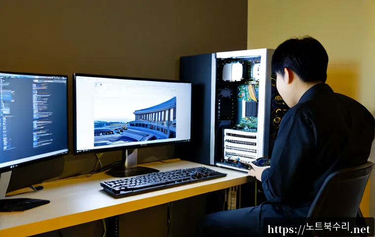 덕교동 HARDWARE_FAILURE - Photorealistic remote IT support workstation in Deokgyo-dong, technician inspecting an open desktop ...