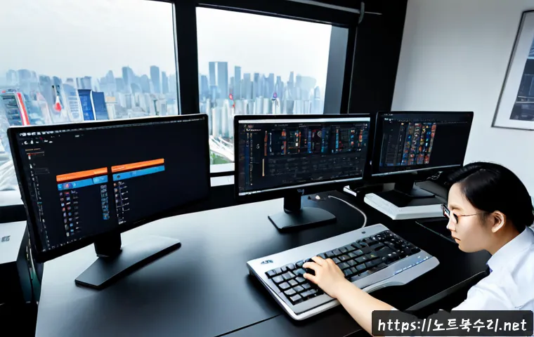 선단동 CDFS_FILE_SYSTEM - Photorealistic remote-support specialist in a modern Korean office workstation, dual monitors showin...