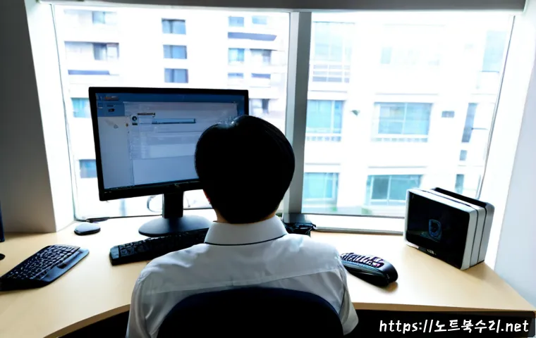 월곡동 STATUS_SESSION_TIMEOUT - Photorealistic IT support workstation in a compact Wolgok-dong office, dual monitors showing a neutr...