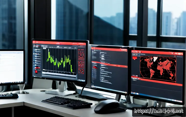 서소문동 STATUS_PROTECTION_ERROR - Photorealistic IT support workstation in a compact Seosomun-dong office, dual monitors displaying a ...
