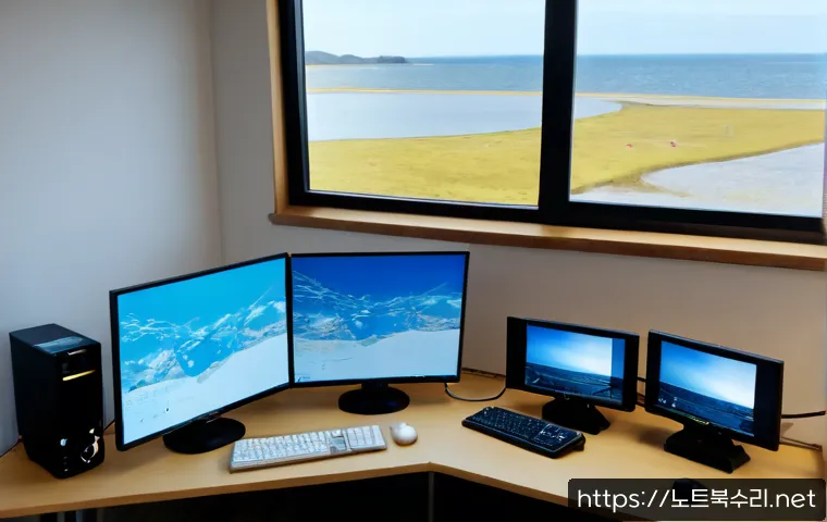 무의동 STATUS_KERNEL_THREAD_INTERRUPTED - Photorealistic remote-support workstation in a quiet coastal island office, dual monitors showing an...