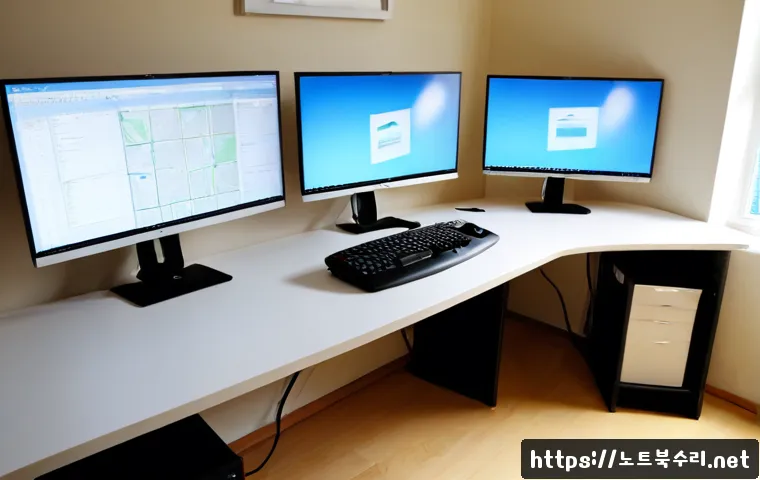 사직동 STATUS_ILLEGAL_INSTRUCTION - Photorealistic remote-support workstation in a quiet hillside neighborhood apartment, dual monitors ...
