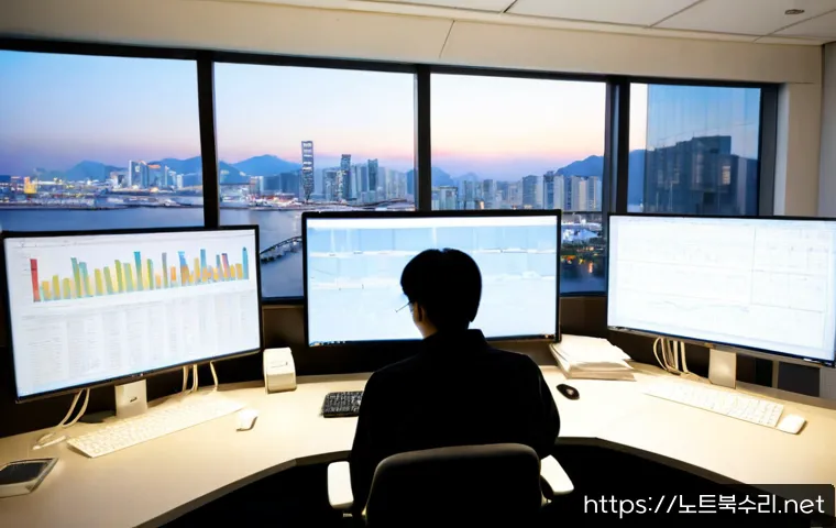 남구 STATUS_STACK_OVERFLOW - Photorealistic software engineer at a sleek dual-monitor workstation in a Nam-gu office tower, abstr...