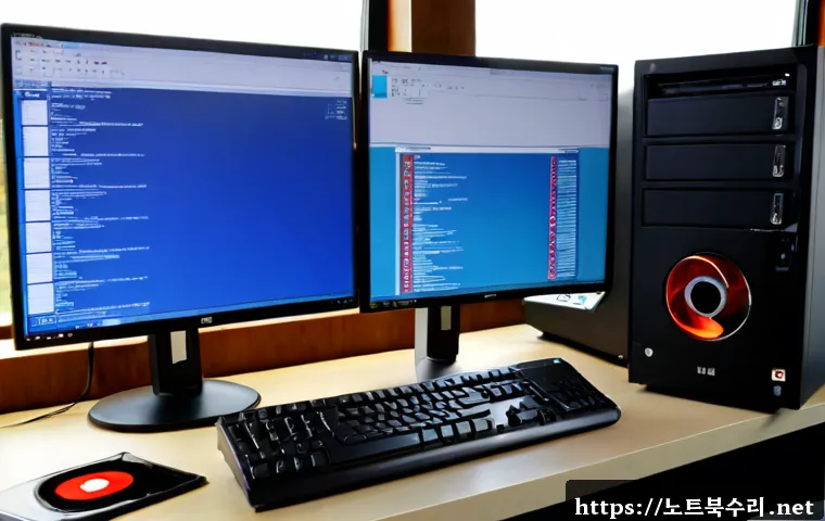 영중면 STATUS_DISK_READ_FAILURE - Photorealistic remote IT support workstation in a quiet rural Korean office, dual monitors showing a...