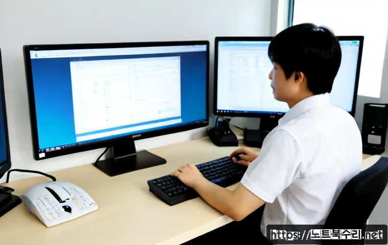 흑석동 STATUS_MODULE_ACCESS_DENIED - Photorealistic IT support workstation in a compact Heukseok-dong office, dual monitors showing a cle...