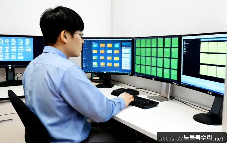 권선구 ATTEMPTED_EXECUTE_OF_NOEXECUTE_MEMORY - Photorealistic IT support workstation in Gwonseon-gu, Suwon, dual monitors showing a clean abstract ...