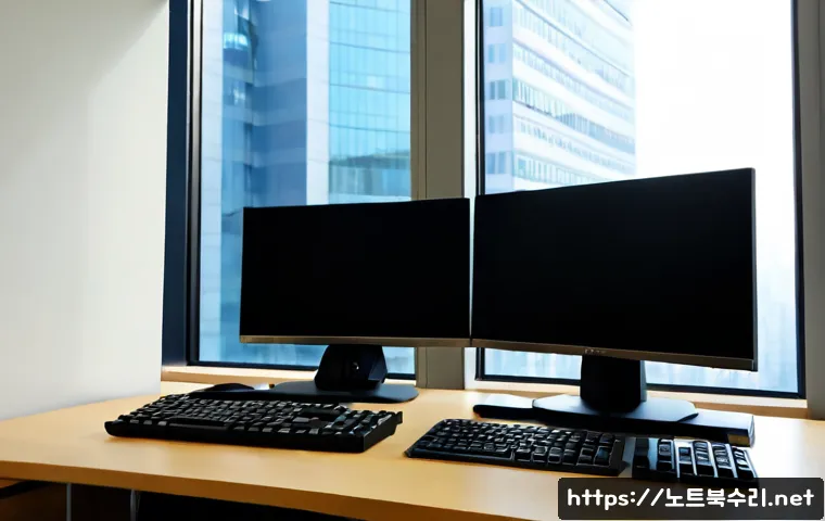 고색동 입력신호가 없습니다 - Photorealistic modern office workstation in Gosaek-dong, Suwon, dual monitors showing a blank dark n...
