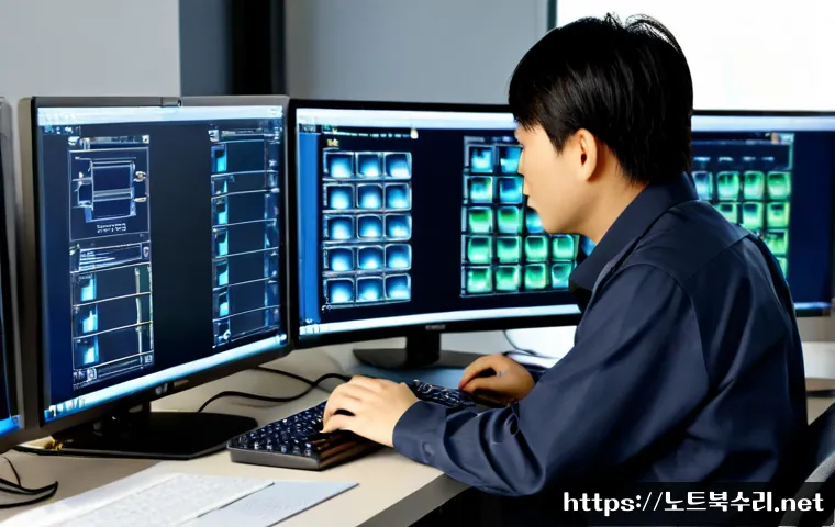 동탄면 ATTEMPTED_EXECUTE_OF_NOEXECUTE_MEMORY - Photorealistic IT support workstation in Dongtan-myeon, dual monitors showing a non-branded CAD asse...
