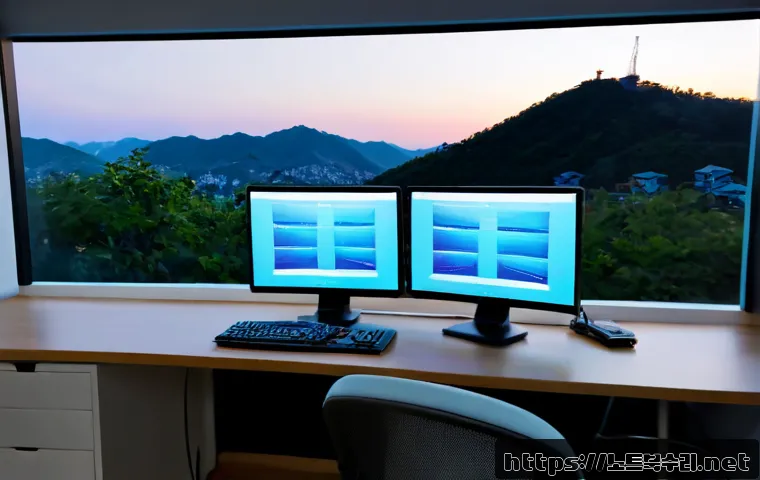 봉양동 절전모드 - Photorealistic compact Korean home office at dusk, ultra-efficient desktop workstation entering slee...
