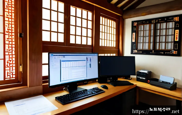 가회동 STATUS_KERNEL_MODULE_FAILURE - Photorealistic IT support workstation inside a refined Gahoe-dong hanok-inspired office, desktop mon...