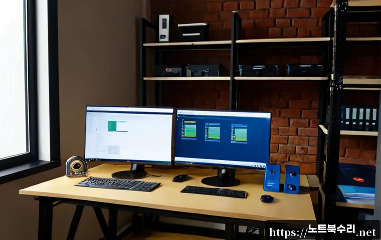 당인동 STATUS_FILE_LOCK_CONFLICT - Photorealistic remote-support workstation in a compact Dangin-dong creative office, dual monitors sh...