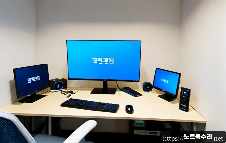 현수동 CRITICAL_PROCESS_DIED - Photorealistic remote-support workstation in a compact hillside apartment office, dual monitors show...