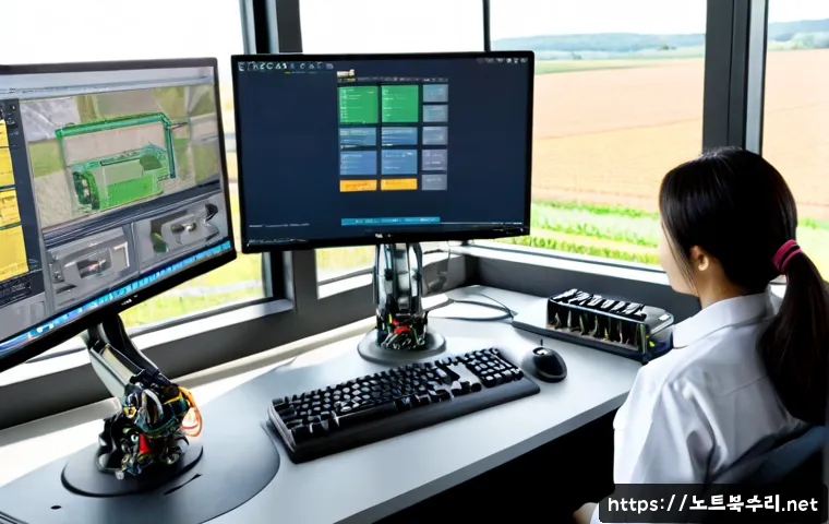 대월면 NMI_HARDWARE_FAILURE - Photorealistic engineering workstation in a quiet semi-rural industrial office, dual monitors showin...