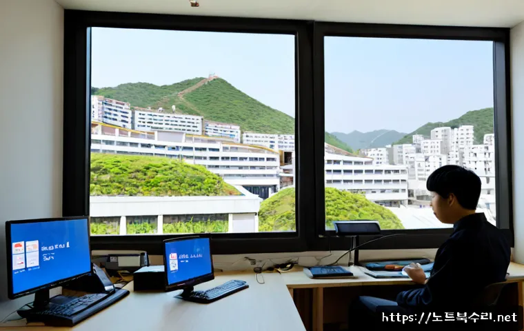 현수동 STATUS_FLOAT_OVERFLOW - Photorealistic remote-support workstation in a compact hillside apartment district, dual monitors sh...