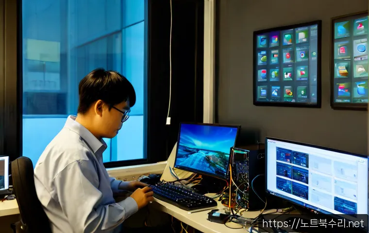 보산동 SESSION3_INITIALIZATION_FAILED - Photorealistic remote-support workstation in a compact electronics repair office, dual monitors show...