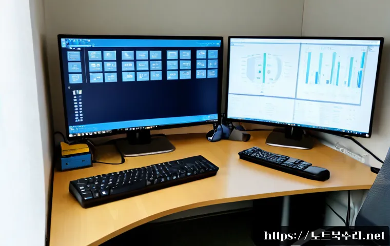 대야미동 STATUS_NO_MEMORY - Photorealistic remote IT support workstation in Daeyami-dong, South Korea, dual monitors displaying ...
