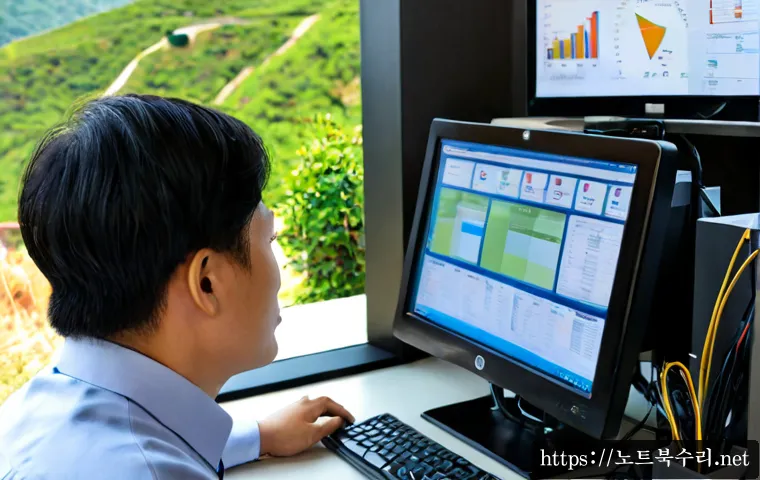 필운동 MULTIPLE_IRP_COMPLETE_REQUESTS - Photorealistic IT support workstation in a compact office near a quiet hillside neighborhood, dual m...