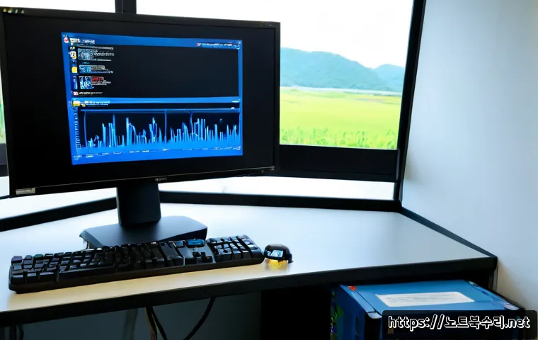 안성시 VIDEO_MEMORY_MANAGEMENT_INTERNAL - Photorealistic IT support workstation in Anseong, South Korea, dual monitors showing a blank blue sy...