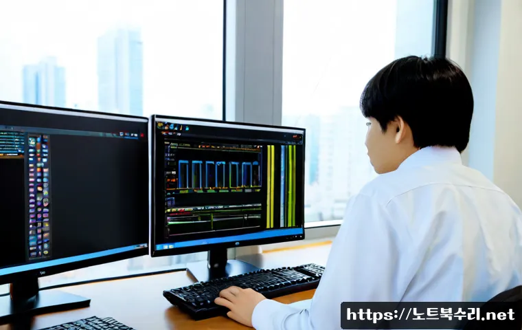 현천동 STATUS_KERNEL_CONFIGURATION_ERROR - Photorealistic IT support workstation in a compact Hyeoncheon-dong apartment office, dual monitors s...
