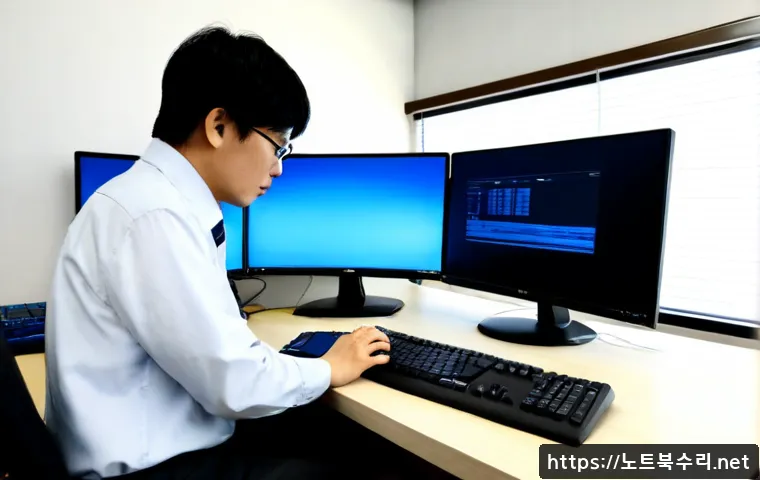 서인동 CRITICAL_PROCESS_DIED - Photorealistic IT support workstation in a compact Seoindong-style office, dual monitors showing a b...