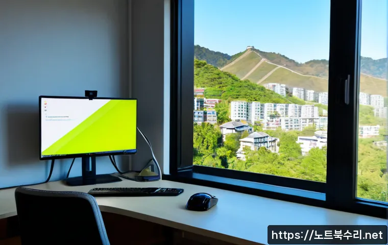 상산곡동 입력신호가 없습니다 - Photorealistic remote-support workstation in a compact Korean apartment office, dual monitors with o...