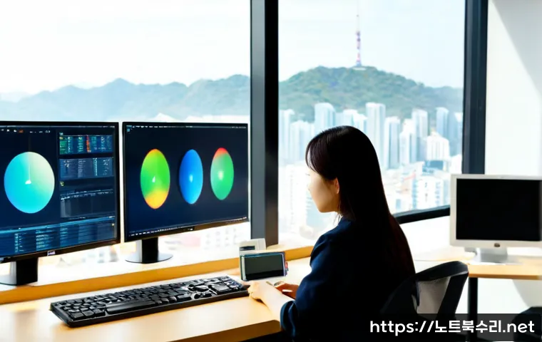 이의동 FAT_FILE_SYSTEM - Photorealistic IT support workstation in a modern Ieui-dong office, dual monitors showing abstract d...