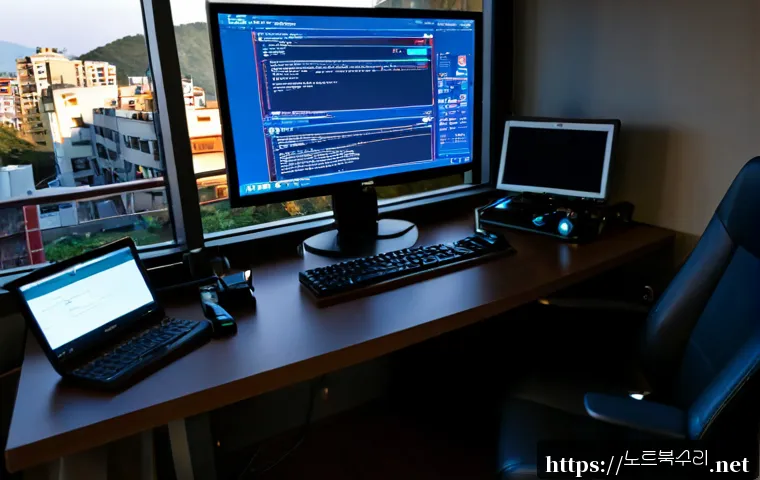 현수동 STATUS_KERNEL_BOOT_FAILURE - Photorealistic IT support workstation in a compact hillside apartment office, dual monitors showing ...