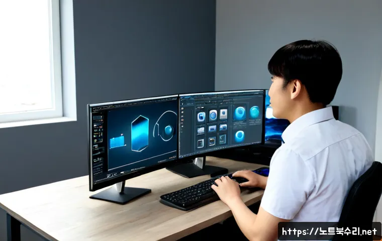 영흥면 모니터화면 안나옴 - Photorealistic remote-support workstation in a quiet coastal home office, dual monitors with one com...