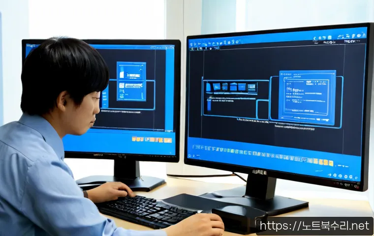 방축동 STATUS_KERNEL_MODULE_FAILURE - Photorealistic IT support workstation in a compact Bangchuk-dong office, dual monitors showing a gen...