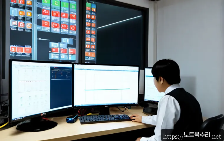 산북면 STATUS_KERNEL_BLOCKED - Photorealistic IT support workstation in a quiet rural Korean office near low forested hills, techni...