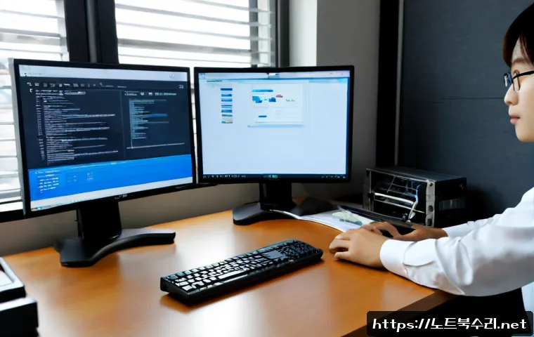 서원동 STATUS_KERNEL_PERMISSION_DENIED - Photorealistic remote IT support workstation in a compact Seowon-dong office, dual monitors showing ...