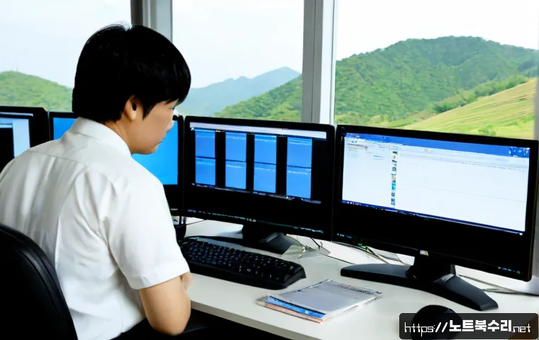 중부면 STATUS_FILE_CORRUPTION - Photorealistic IT support workstation in a quiet semi-rural Korean township office, dual monitors sh...