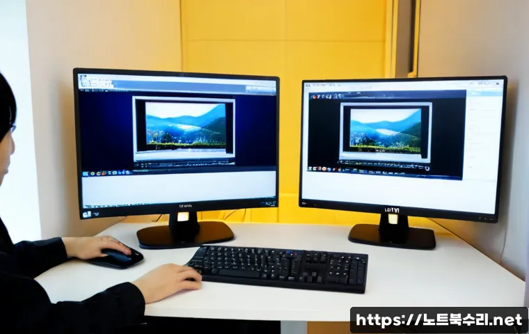 견지동 linux재설치 포맷  초기화 - Photorealistic IT technician reinstalling Linux on a dual-monitor workstation in a compact Gyeonji-d...
