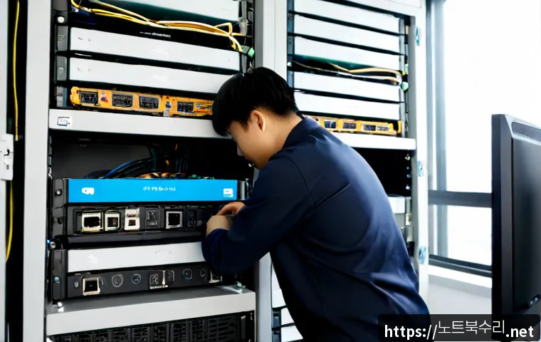 논현고잔동 server출장방문수리점 - Photorealistic onsite server repair in a compact Gojan-dong office, technician replacing a hot-swapp...