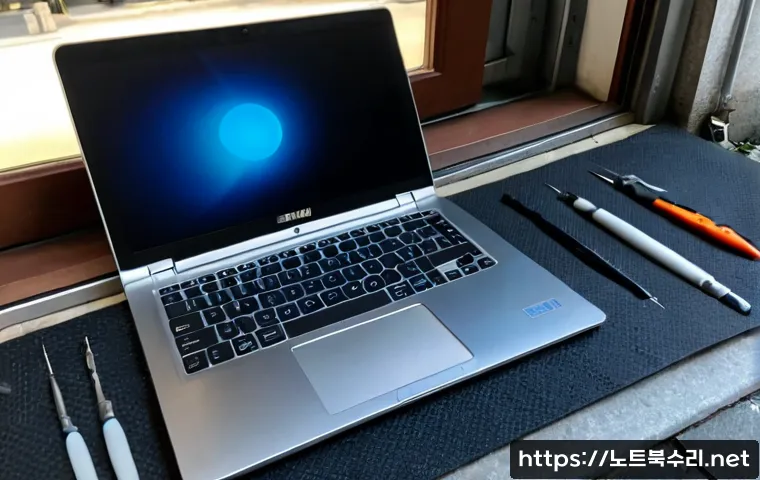 개봉동 맥북에어 판매 및 수리 - Photorealistic compact laptop repair workshop in Gaebong-dong, Seoul, a slim silver ultrabook opened...